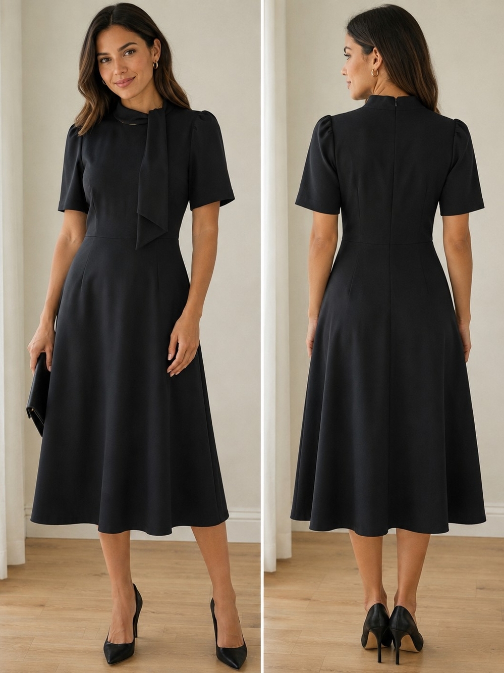 Maggy London Black Tie-Neck Midi Dress